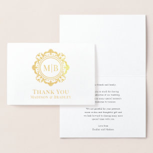 Tarjeta Con Relieve Metalizado Ornate Floral Monograma Boda Gracias