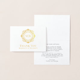 Tarjeta Con Relieve Metalizado Ornate Floral Monograma Boda Gracias