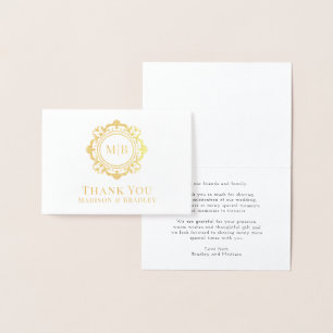 Tarjeta Con Relieve Metalizado Ornate Floral Monograma Boda Gracias