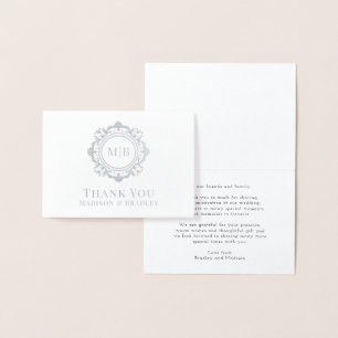Tarjeta Con Relieve Metalizado Ornate Floral Monograma Boda Gracias