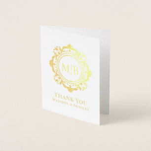 Tarjeta Con Relieve Metalizado Ornate Floral Monograma Boda Gracias