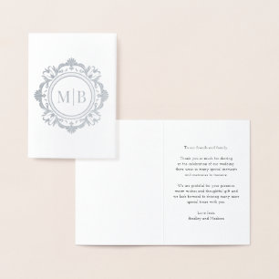 Tarjeta Con Relieve Metalizado Ornate Floral Monograma Boda Gracias