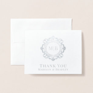 Tarjeta Con Relieve Metalizado Ornate Floral Monograma Boda Gracias