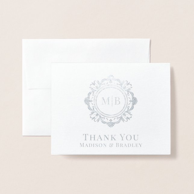 Tarjeta Con Relieve Metalizado Ornate Floral Monograma Boda Gracias (Anverso con sobre)