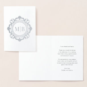 Tarjeta Con Relieve Metalizado Ornate Floral Monograma Boda Gracias