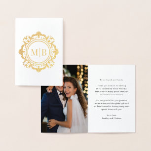 Tarjeta Con Relieve Metalizado Ornate Floral Monograma Boda Gracias Foto