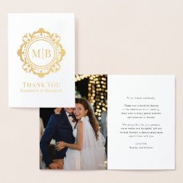 Tarjeta Con Relieve Metalizado Ornate Floral Monograma Boda Gracias Foto