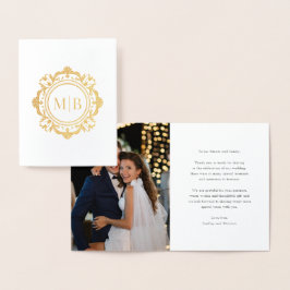 Tarjeta Con Relieve Metalizado Ornate Floral Monograma Boda Gracias Foto