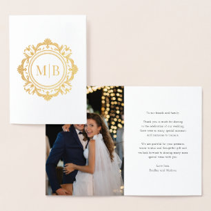 Tarjeta Con Relieve Metalizado Ornate Floral Monograma Boda Gracias Foto