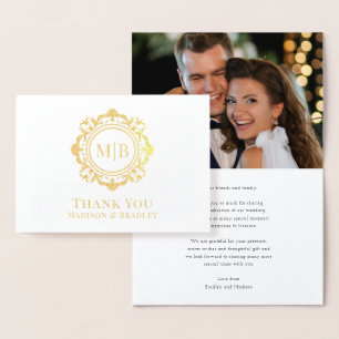Tarjeta Con Relieve Metalizado Ornate Floral Monograma Boda Gracias Foto