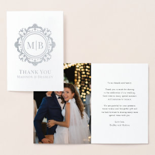 Tarjeta Con Relieve Metalizado Ornate Floral Monograma Boda Gracias Foto