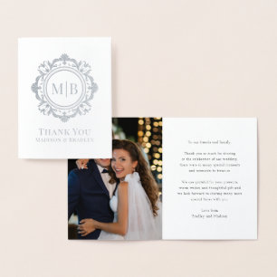 Tarjeta Con Relieve Metalizado Ornate Floral Monograma Boda Gracias Foto