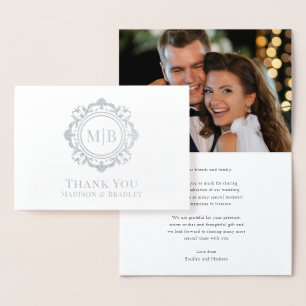 Tarjeta Con Relieve Metalizado Ornate Floral Monograma Boda Gracias Foto