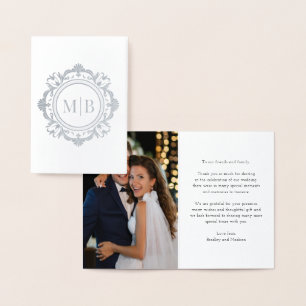 Tarjeta Con Relieve Metalizado Ornate Floral Monograma Boda Gracias Foto