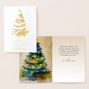 Tarjeta Con Relieve Metalizado Oro Artístico de Navidad Árbol de Navidad en Acuar