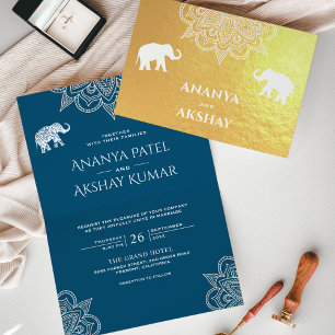 Tarjeta Con Relieve Metalizado Oro de Boda indio de Ocean Blue Henna Elephant