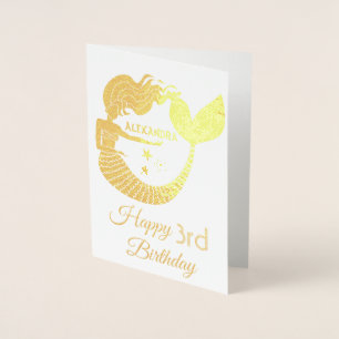 Tarjeta Con Relieve Metalizado Oro de Sirena 3er Cumpleaños