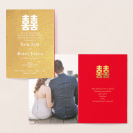 Tarjeta Con Relieve Metalizado Oro HOJA FOTO Felicidad China Boda Rojo