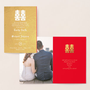 Tarjeta Con Relieve Metalizado Oro HOJA FOTO Felicidad China Boda Rojo