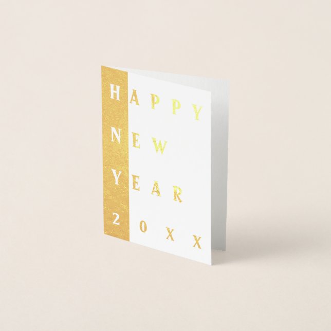 Tarjeta Con Relieve Metalizado Oro y blanco moderno Feliz Año Nuevo (Anverso)