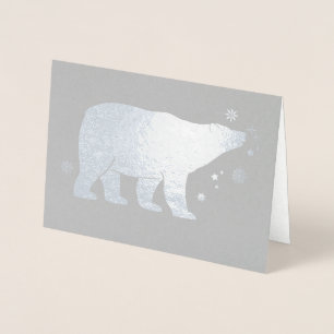 Tarjeta Con Relieve Metalizado Oso Polar con copos de nieve y estrellas