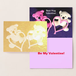 Tarjeta Con Relieve Metalizado Osos de peluche y corazones dorados Valentine