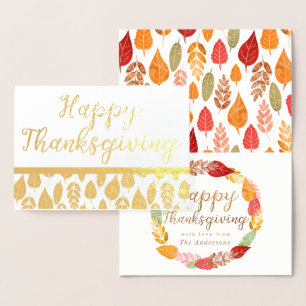 Tarjeta Con Relieve Metalizado Otoño deja feliz día de Acción de Gracias