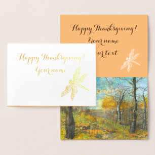 Tarjeta Con Relieve Metalizado Otoño dorado en un roble pintando acuarela