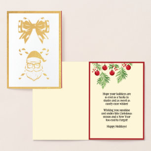 Tarjeta Con Relieve Metalizado Papá Noel personalizado con gafas de sol y bastone