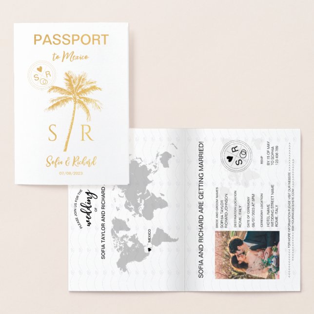 Tarjeta Con Relieve Metalizado Pasaporte de destino boda Palm Beach México (Demostración)