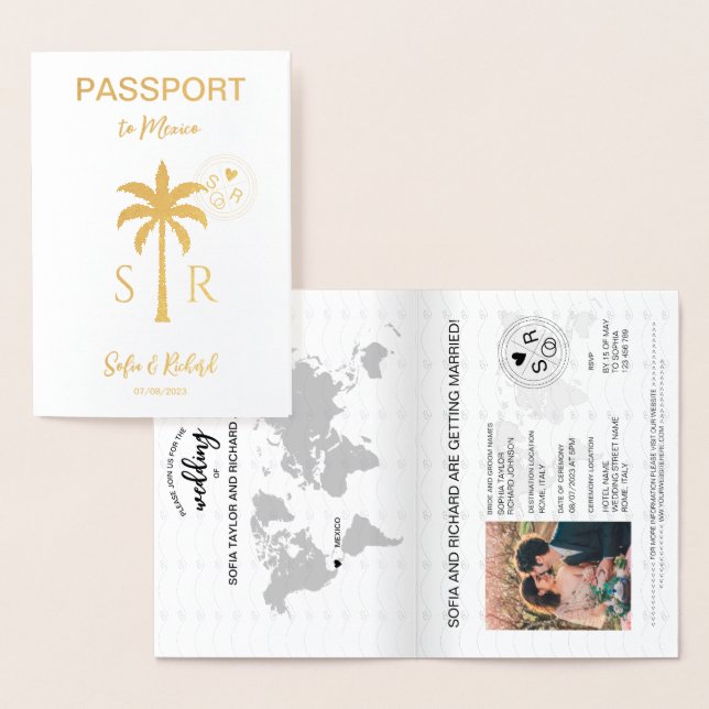 Tarjeta Con Relieve Metalizado Pasaporte de destino boda Palm Beach México (Demostración)