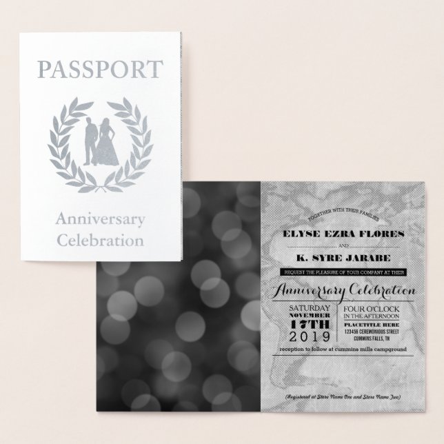 Tarjeta Con Relieve Metalizado Pasaporte plateado Fiesta Aniversario (Demostración)