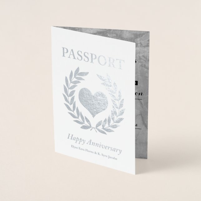 Tarjeta Con Relieve Metalizado Pasaporte plateado Fiesta Aniversario Feliz (Anverso)