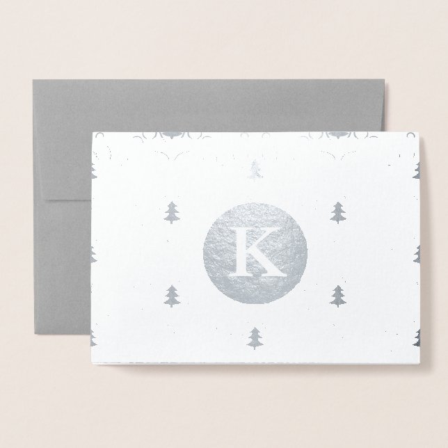 Tarjeta Con Relieve Metalizado Patrón de Navidades monogramados plata (Anverso con sobre)