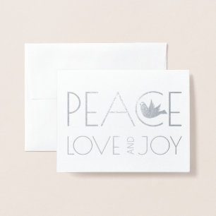 Tarjeta Con Relieve Metalizado Paz, amor y alegría, Navidades de palomas. plata d