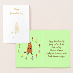 Tarjeta Con Relieve Metalizado Personalizado Cute Groundhog y Tulip Flowers