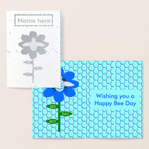 Tarjeta Con Relieve Metalizado Personalizado de cumpleaños azul de Happy Bee Day