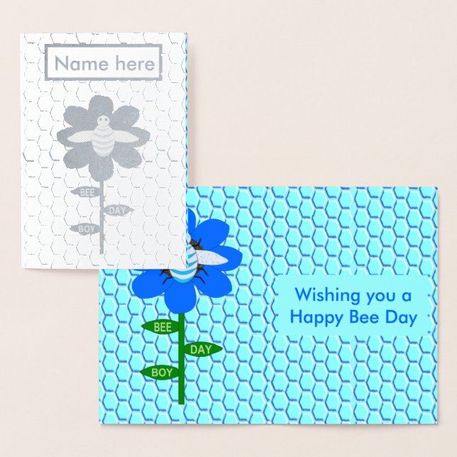 Tarjeta Con Relieve Metalizado Personalizado de cumpleaños azul de Happy Bee Day  (Demostración)