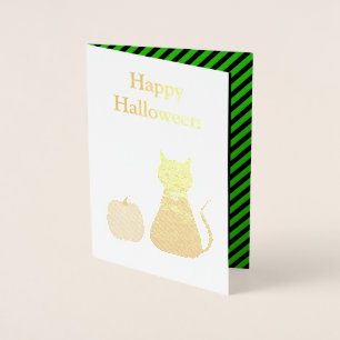Tarjeta Con Relieve Metalizado Personalizado de gatos y calabazas de Halloween
