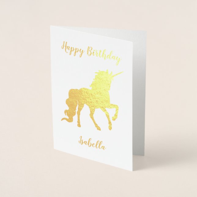 Tarjeta Con Relieve Metalizado Personalizado Feliz Cumpleaños Unicornio Gold (Anverso)