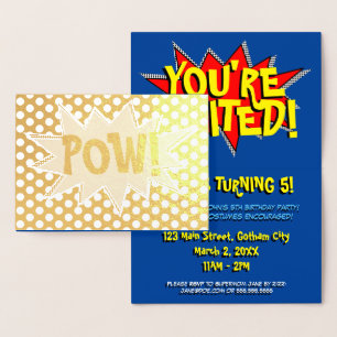 Tarjeta Con Relieve Metalizado Personalizado "POW" La fiesta de cumpleaños de sup