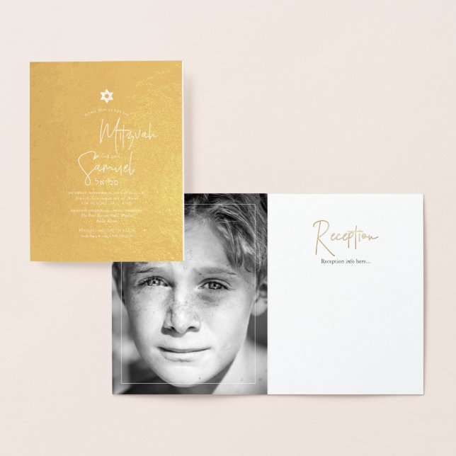 Tarjeta Con Relieve Metalizado PixDezines Gold Bar Mitzvah+Fuente moderna (Demostración)
