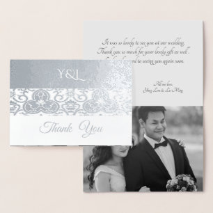 Tarjeta Con Relieve Metalizado Plata Chinoiserie - boda Gracias