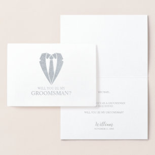 Tarjeta Con Relieve Metalizado Propuesta de Demanda de Boda Plateado y Tie Grooms