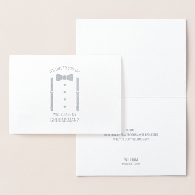 Tarjeta Con Relieve Metalizado Propuesta de Groomsman personalizada de Silver Bow (Demostración)