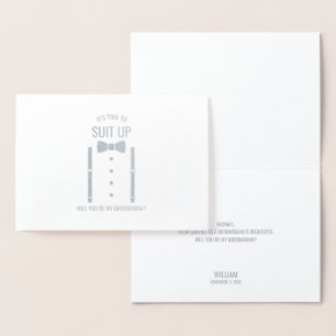 Tarjeta Con Relieve Metalizado Propuesta de Groomsman personalizada de Silver Bow