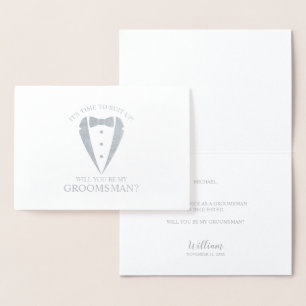 Tarjeta Con Relieve Metalizado Propuesta de Groomsman personalizada de Silver Tux