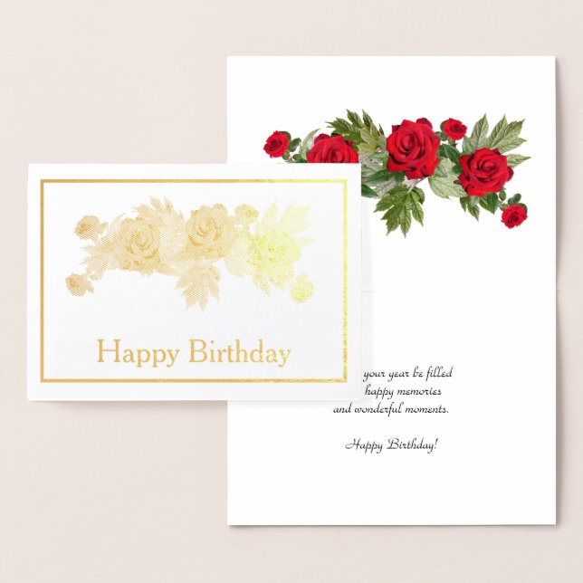 Tarjeta Con Relieve Metalizado Red Roses Floral Birday Gold (Demostración)