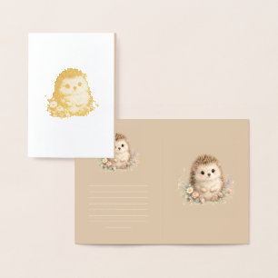Tarjeta Con Relieve Metalizado Regalo floral de Cottagecore de erizo Kawaii