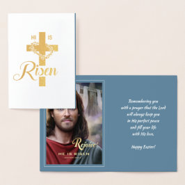 Tarjeta Con Relieve Metalizado Regocijaos. Jesús es Risen. Pascua religiosa